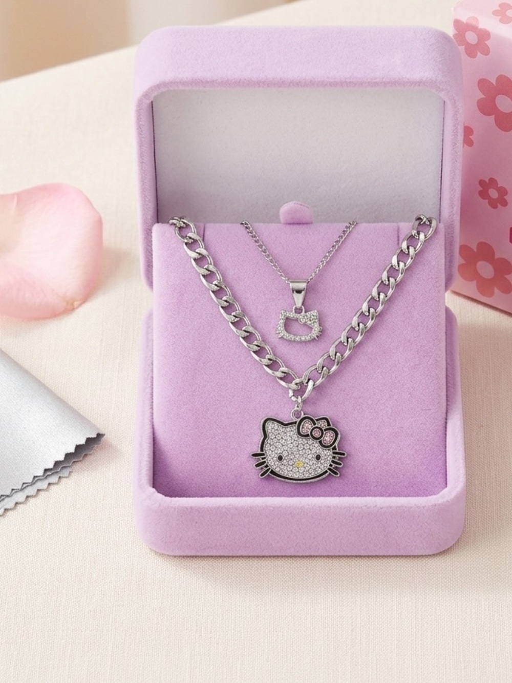 Hello Kitty Necklace 2pc Personalized Set TrendyPink Velvet Silver Chain Pendant - Picture 2 of 3